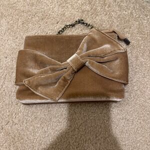 Tan Velvet Bow Clutch Bag Evening Purse with Detachable Brass Chain Strap